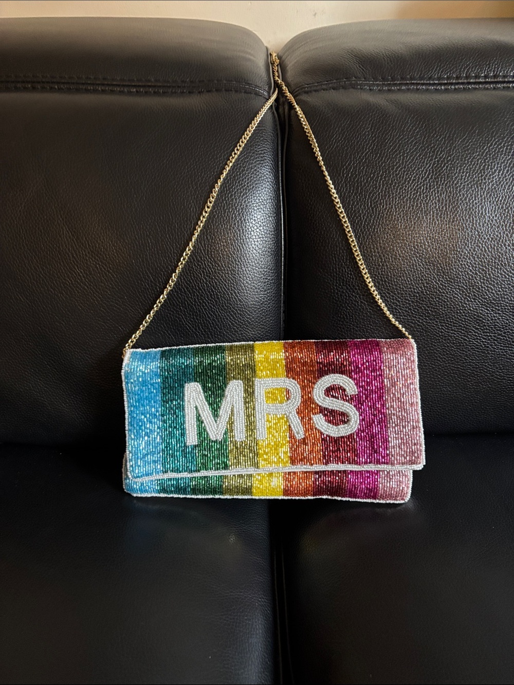 Beaded Rainbow 'MRS' Clutch with Gold Chain